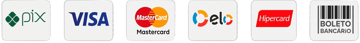 Formas de pagamento aceitas: Pix, Visa, Mastercard, Elo, Hipercard e Boleto